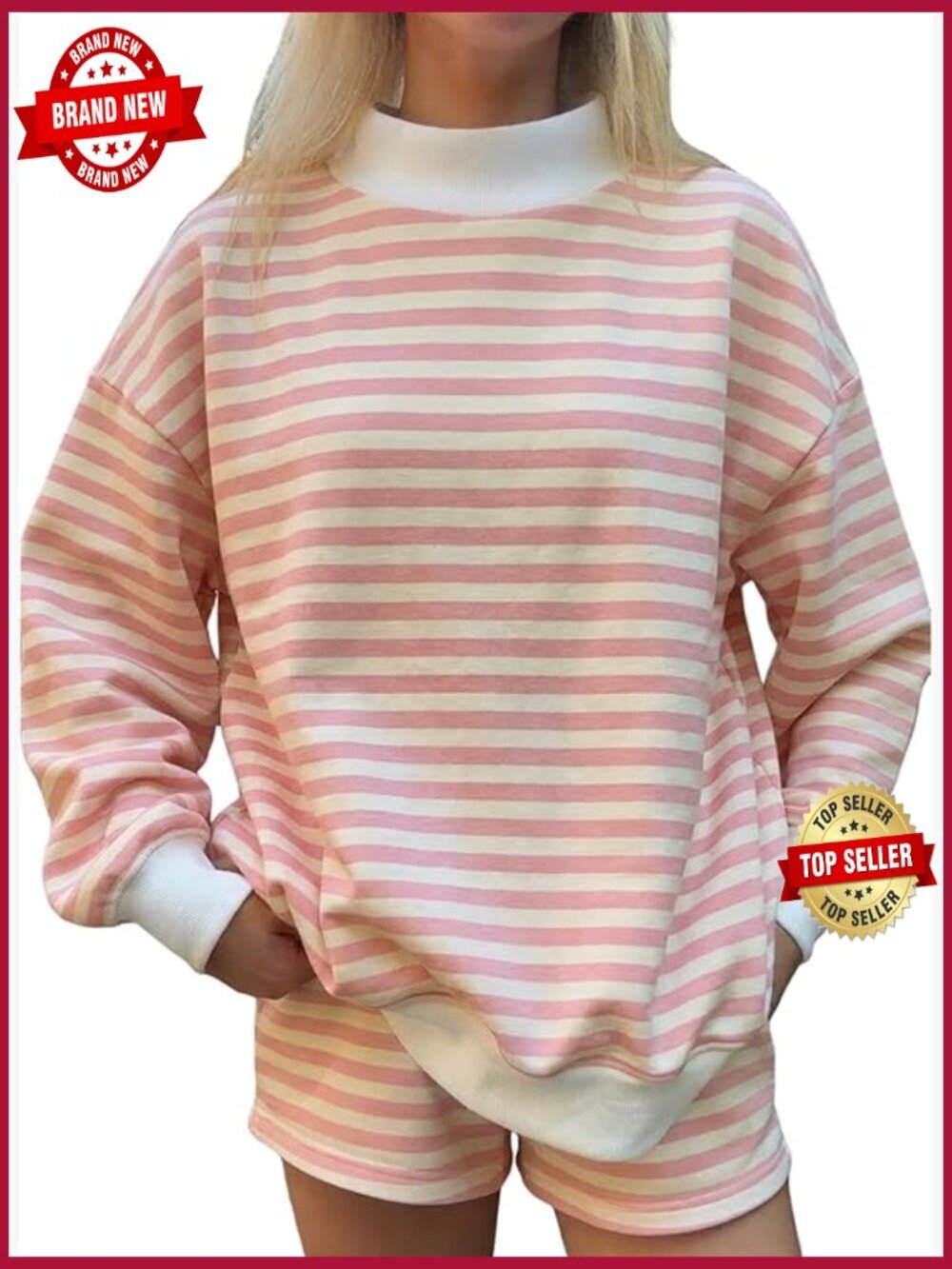 Striped Mock Neck Sweatshirt and Shorts Matching Set 2 Piece Lounge Set